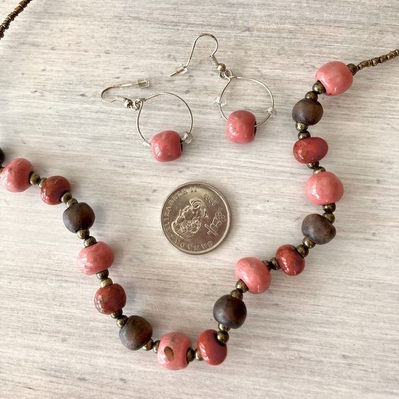 NWOT Handcrafted Necklace and Earrings with Glass Pink & Brown Beads. - Picture 1 of 4